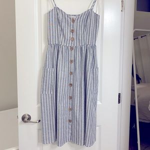 Navy striped sweetheart button front maternity dress